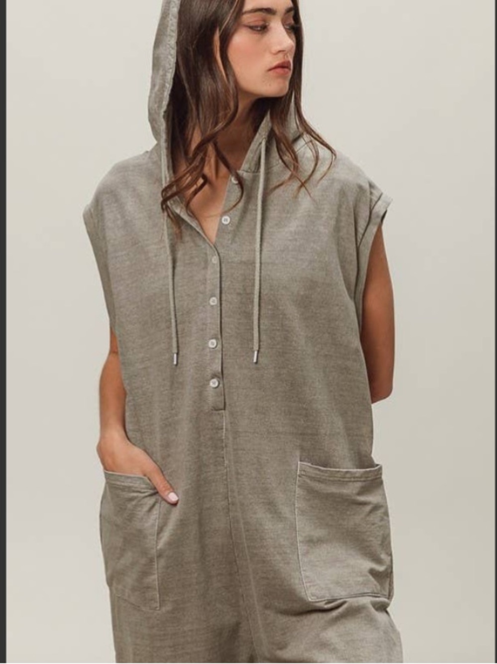 BiBi cotton terry hooded sleeveless jumpsuit grey/khaki Lrg NWOT